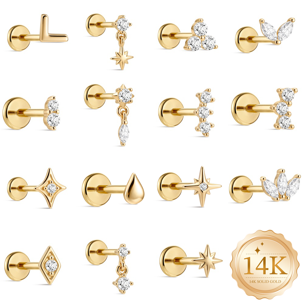 Body Jewelry Ear - AIDE 14K Solid Gold Glossy Star/WaterDrop
