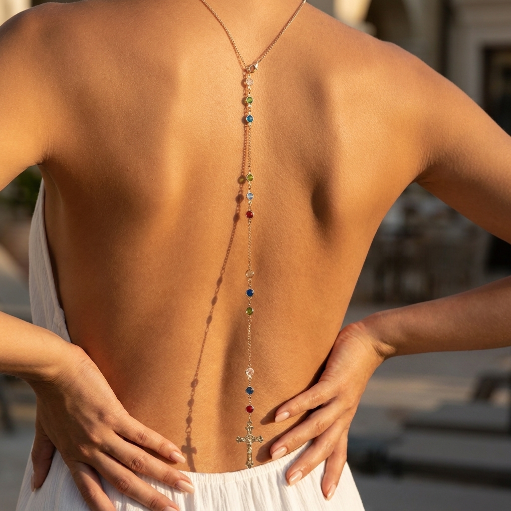 Body Jewelry Chain - Minimalist Cross Crystal Back Necklace Body